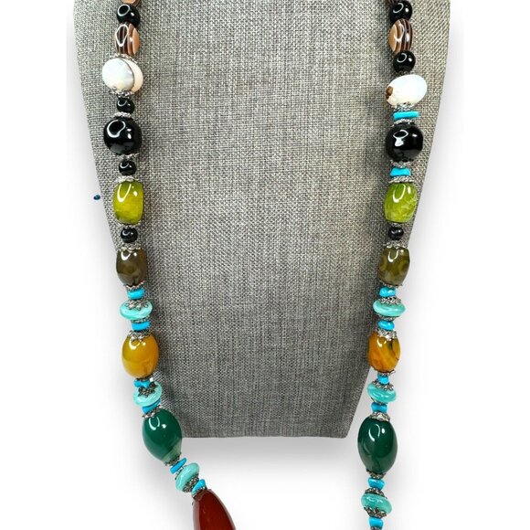 Long Stone Bead Necklace Mixed Gemstones and Glass 30" Boho Beaded Statement - Picture 4 of 16
